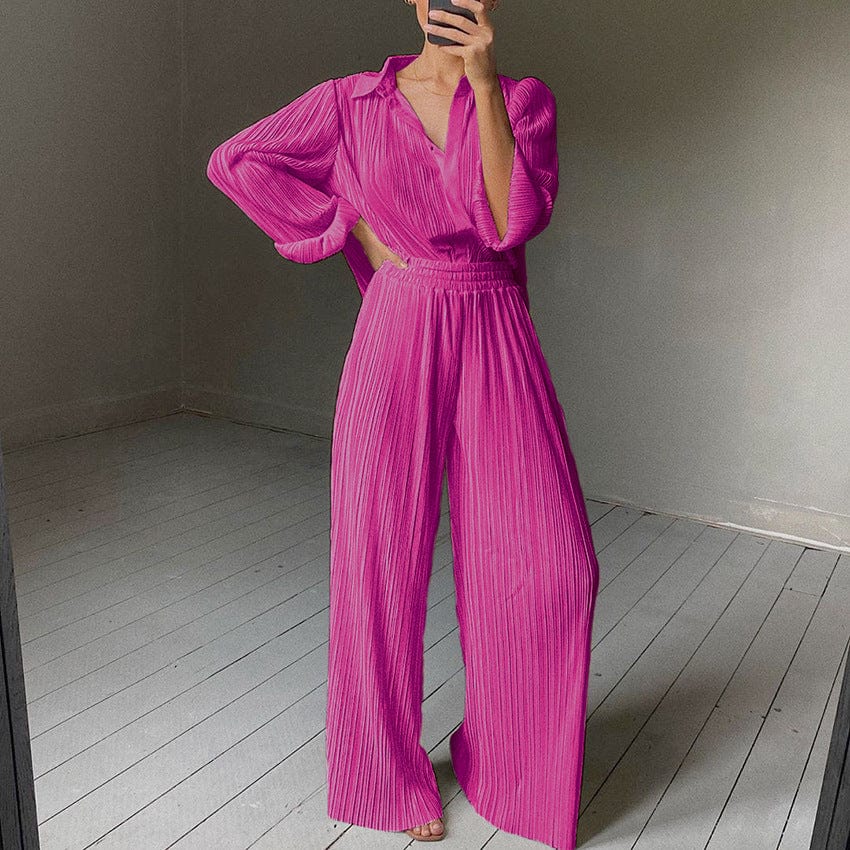 2022 Long Sleeve Pleated Shirt Women Sets Two Piece Sets Wide Leg Pants Suit Women 2 Piece Set Clothing