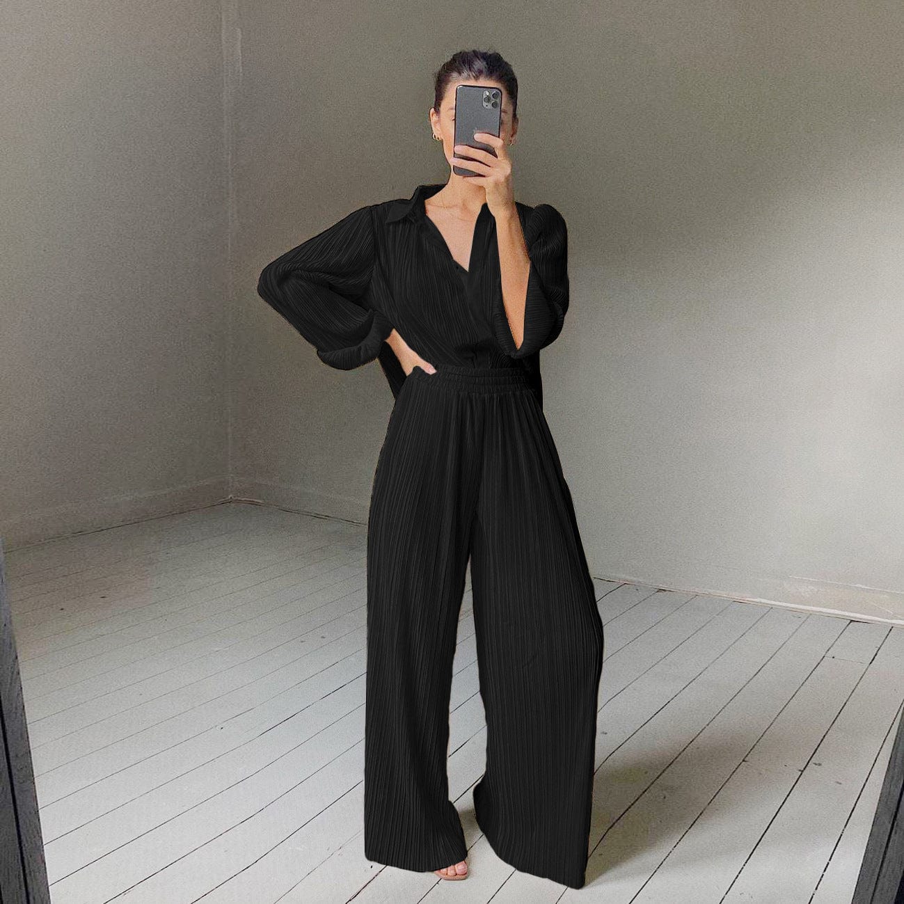 2022 Long Sleeve Pleated Shirt Women Sets Two Piece Sets Wide Leg Pants Suit Women 2 Piece Set Clothing