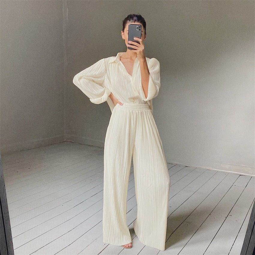 2022 Long Sleeve Pleated Shirt Women Sets Two Piece Sets Wide Leg Pants Suit Women 2 Piece Set Clothing