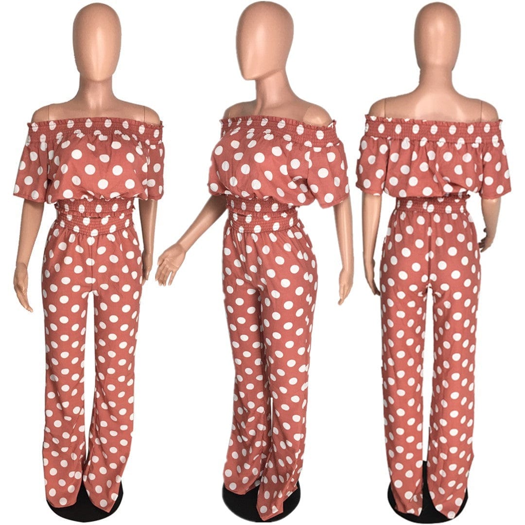 2022 New arrival polka dot slash sexy top fashion high quality flare pants ladies two piece set women clothing