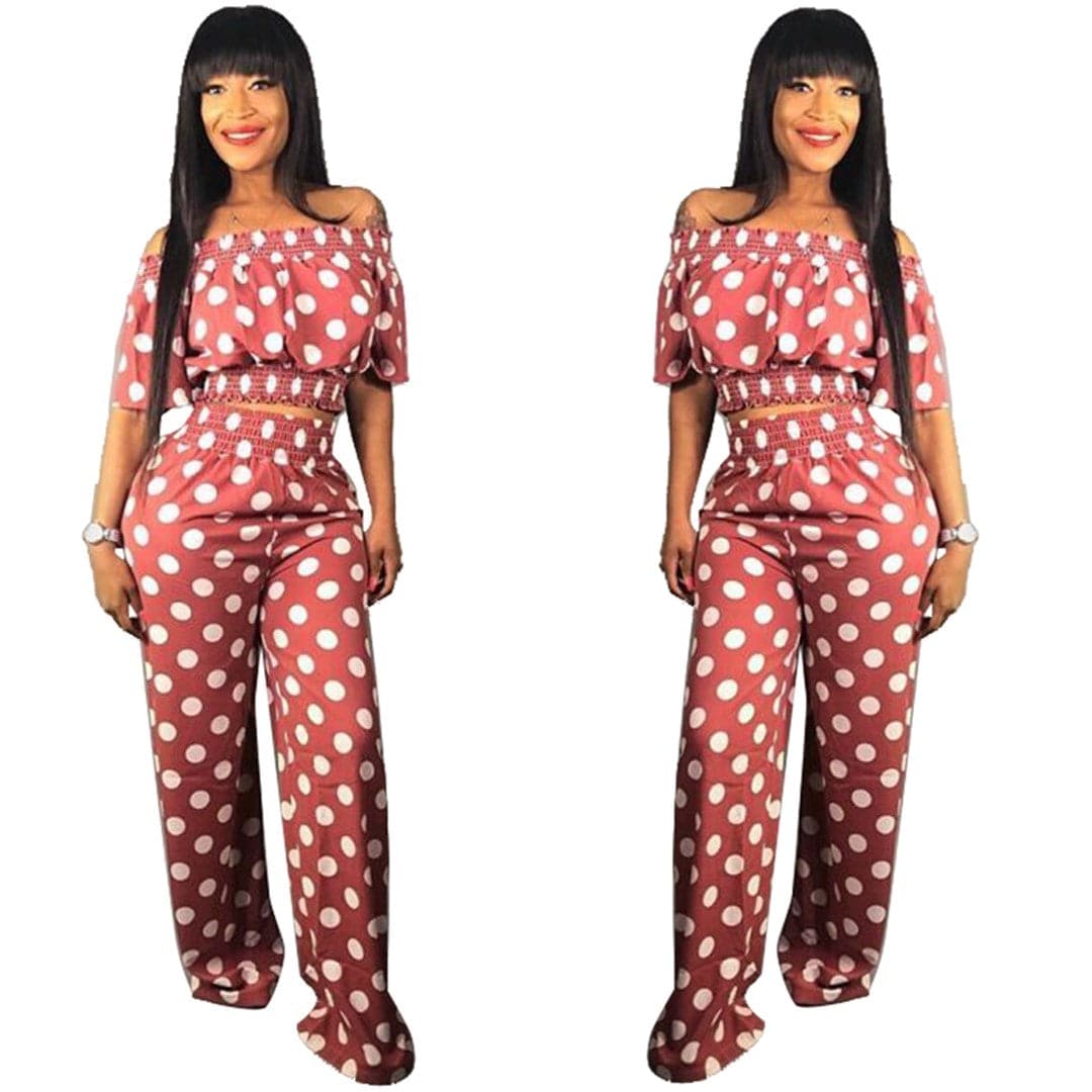 2022 New arrival polka dot slash sexy top fashion high quality flare pants ladies two piece set women clothing