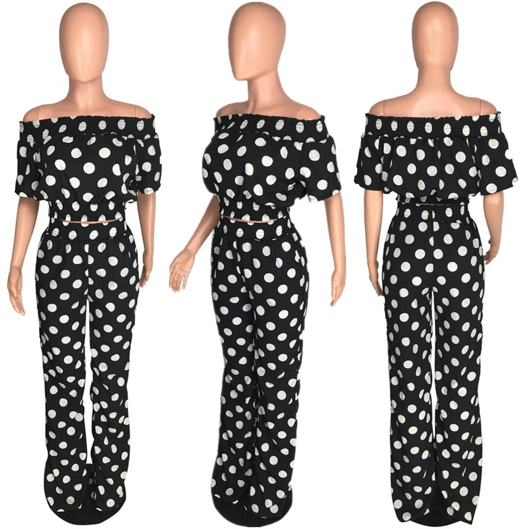 2022 New arrival polka dot slash sexy top fashion high quality flare pants ladies two piece set women clothing