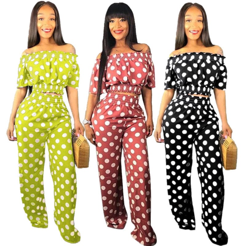 2022 New arrival polka dot slash sexy top fashion high quality flare pants ladies two piece set women clothing