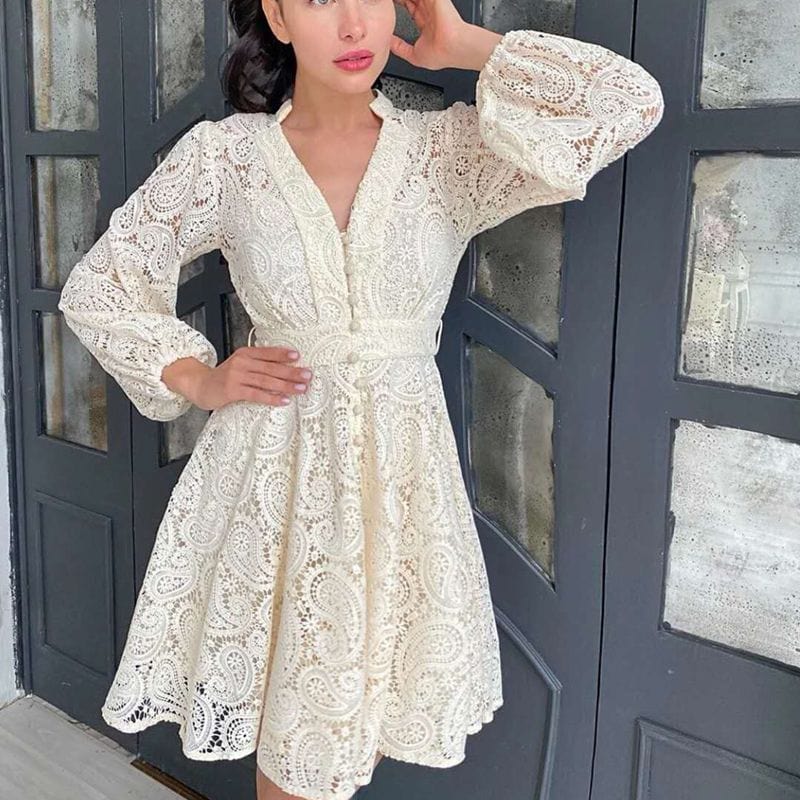 2022 new arrival women short dress puff sleeve ladies dress slim waist fashion water soul lace dress