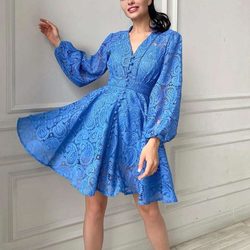 2022 new arrival women short dress puff sleeve ladies dress slim waist fashion water soul lace dress