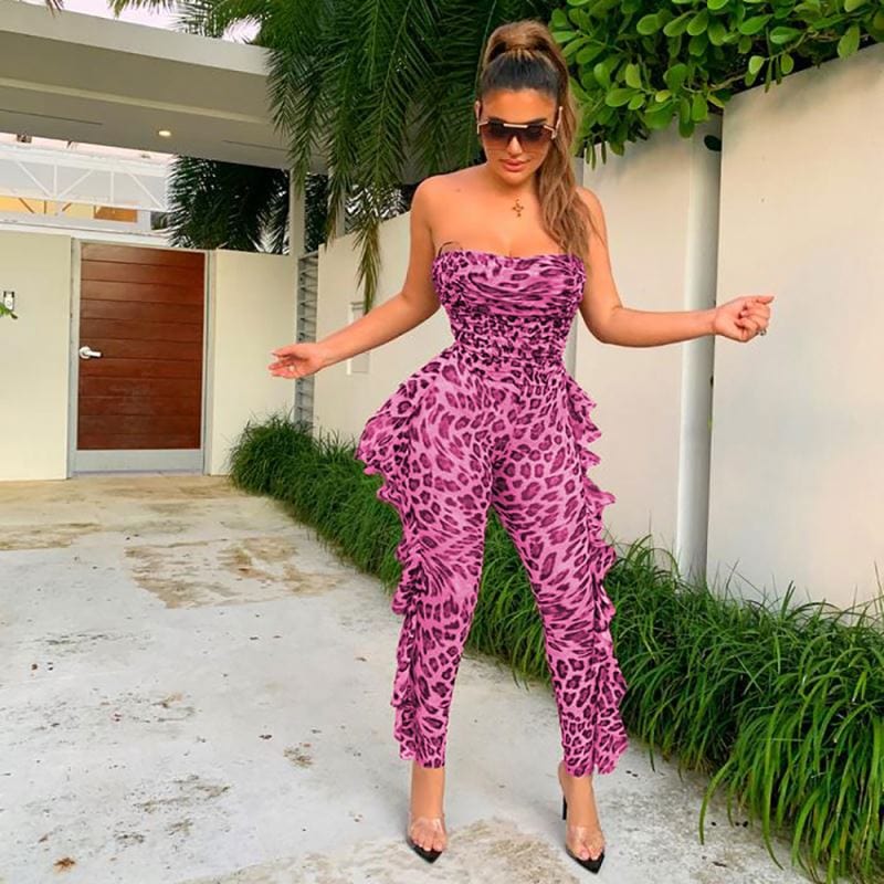 2022 New Arrivals Cut Out Tight Cheetah Jumpsuit One Shoulder Long Sleeve Leopard-Print Jumpsuit For Women