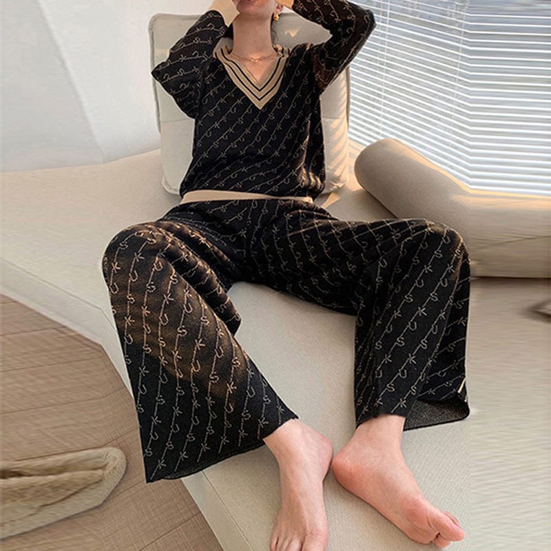 2022 New Fall Winter Casual Fashion Knit Wide Leg Trouser Set Tempera Slim Sweater Jacquard Two Piece Set