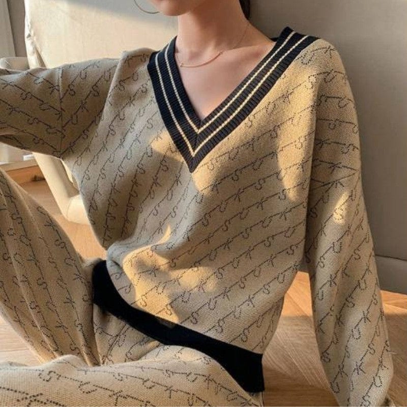 2022 New Fall Winter Casual Fashion Knit Wide Leg Trouser Set Tempera Slim Sweater Jacquard Two Piece Set