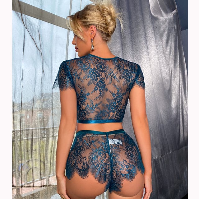 2022 New Romantic Bodysuit Transparent Women Sheer Mesh Lace Backless Sexy Lingerie 2 pieces set