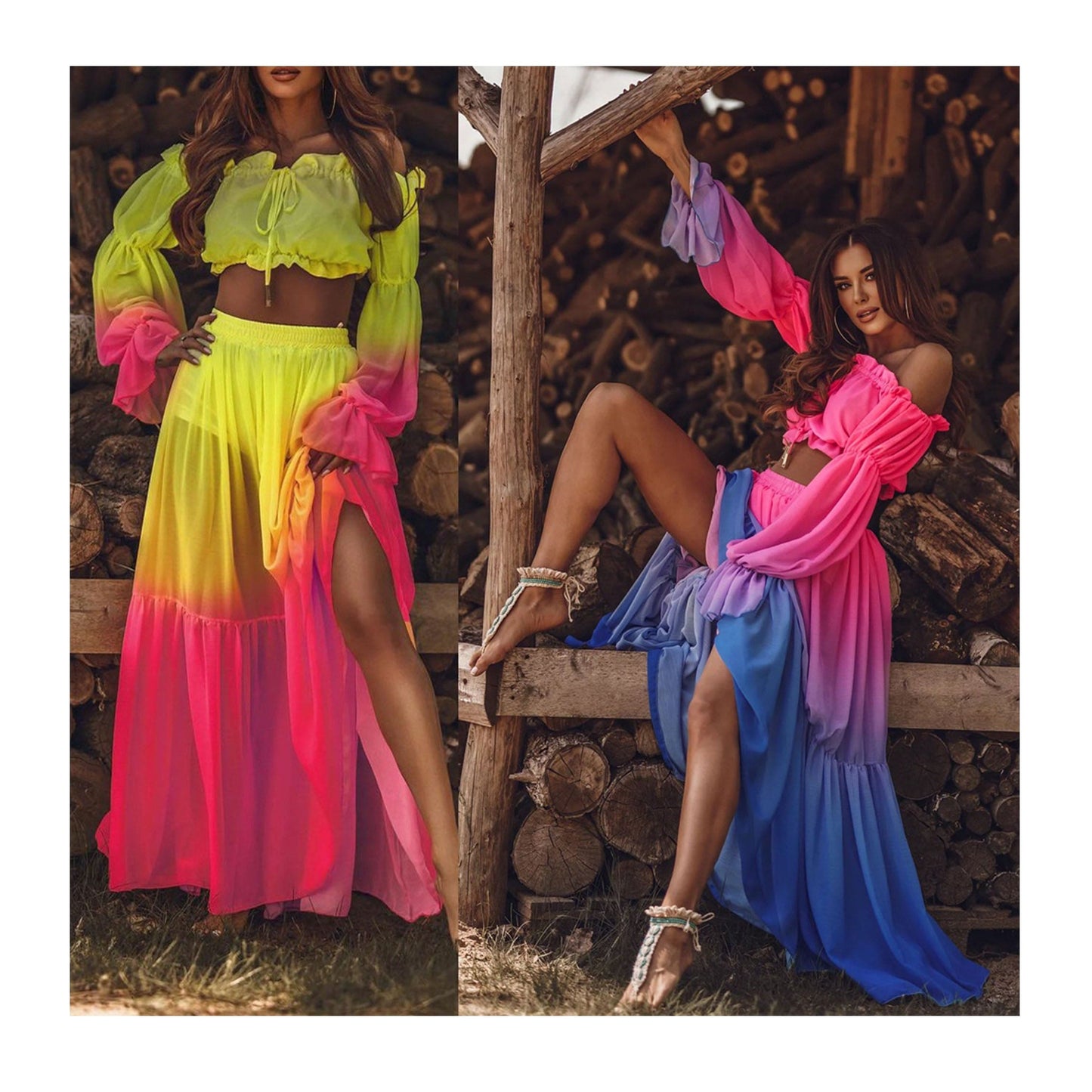 2022 New Spring&Fall Sexy Chiffon dress set Long Sleeve Maxi Skirts two piece set dresses autumn maxi dress