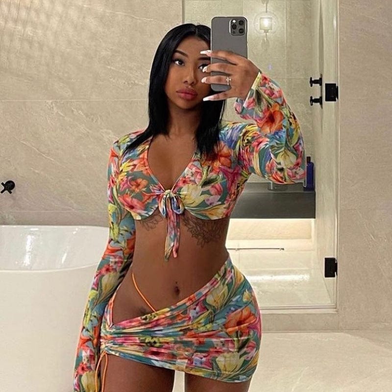 2022 Sexy Print Mesh Women Two Piece Set Crop Top Mini Stacked Skirt Set women short set