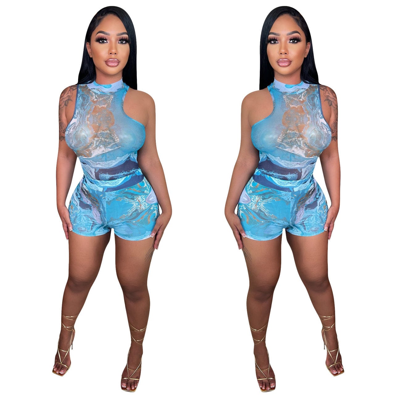 2022 Sleeveless Tie-dye Mesh Sheer Layer Sexy Two Piece Short Sets Women Sexy Club Bodysuits for Women