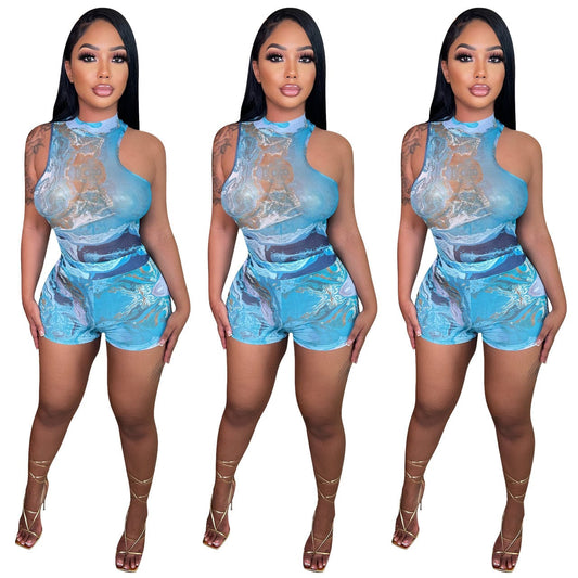 2022 Sleeveless Tie-dye Mesh Sheer Layer Sexy Two Piece Short Sets Women Sexy Club Bodysuits for Women