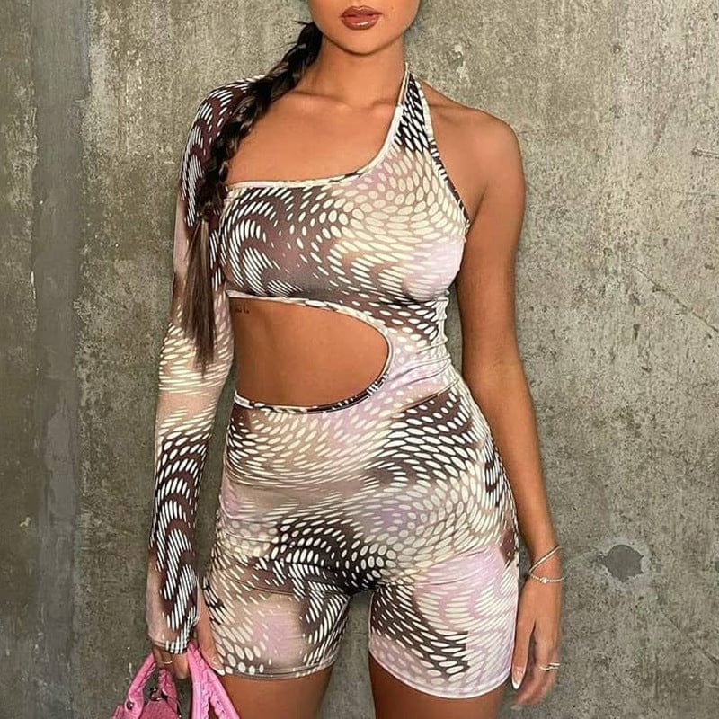 2022 Sports Fashion Printed Irregular Halter Bodysuit Long Sleeve Jumpsuit Off Shoulder Jumpsuit For Women