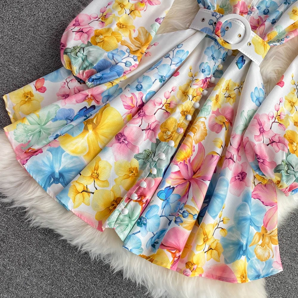 2022 Spring autumn Elegant stand collar bubble sleeve single breasted printed women dress