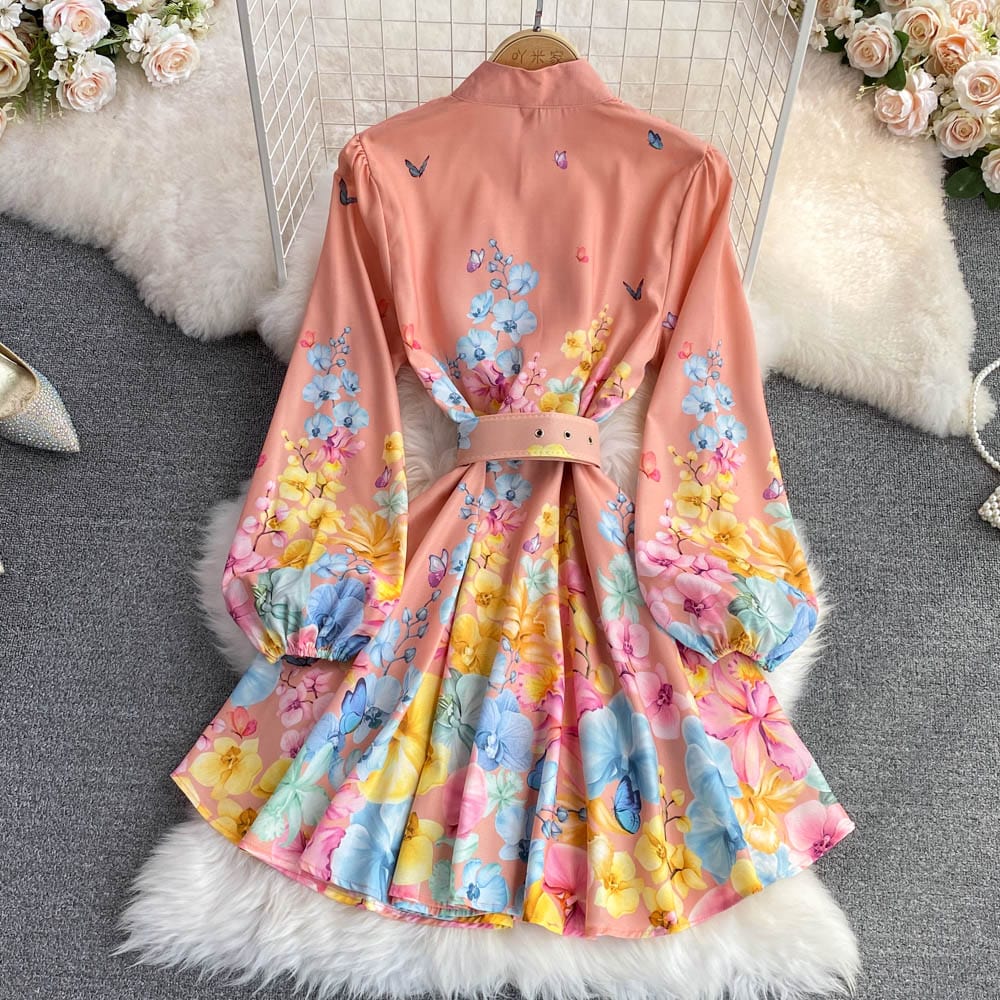 2022 Spring autumn Elegant stand collar bubble sleeve single breasted printed women dress