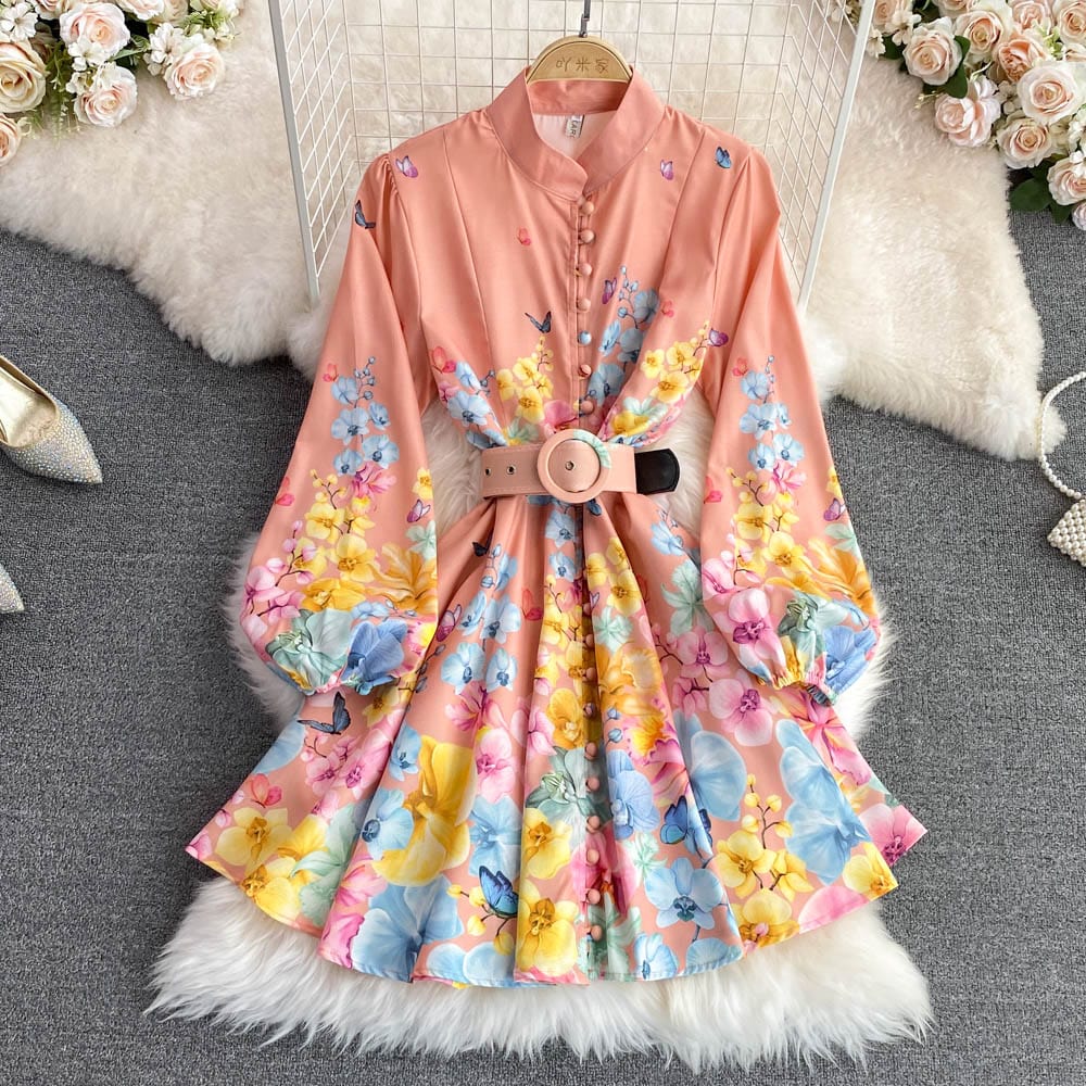 2022 Spring autumn Elegant stand collar bubble sleeve single breasted printed women dress