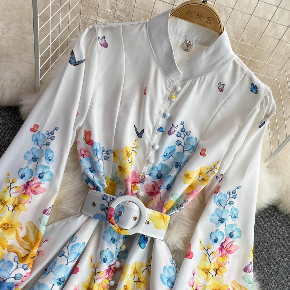 2022 Spring autumn Elegant stand collar bubble sleeve single breasted printed women dress