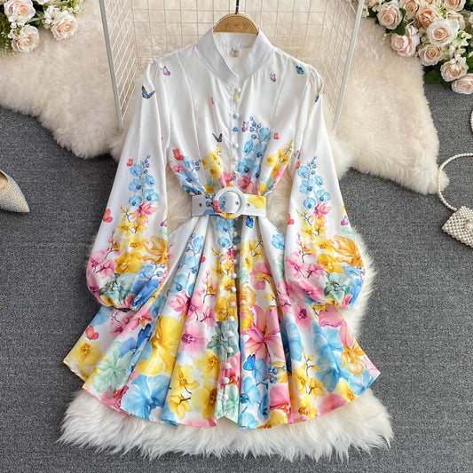 2022 Spring autumn Elegant stand collar bubble sleeve single breasted printed women dress