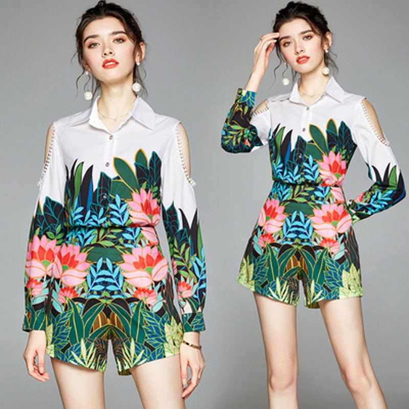 2022 summer and autumn new sexy off-the-shoulder long-sleeved shirt thin print shorts two-piece suitLDY8186073