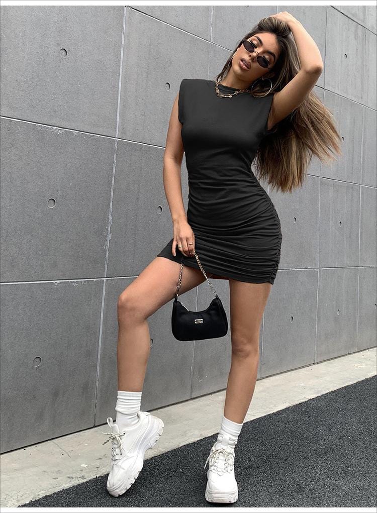 2022 Summer New Trendy Solid Mini Dress Wrinkle Sleeveless Women Casual Dresses Elegant Women's Dress