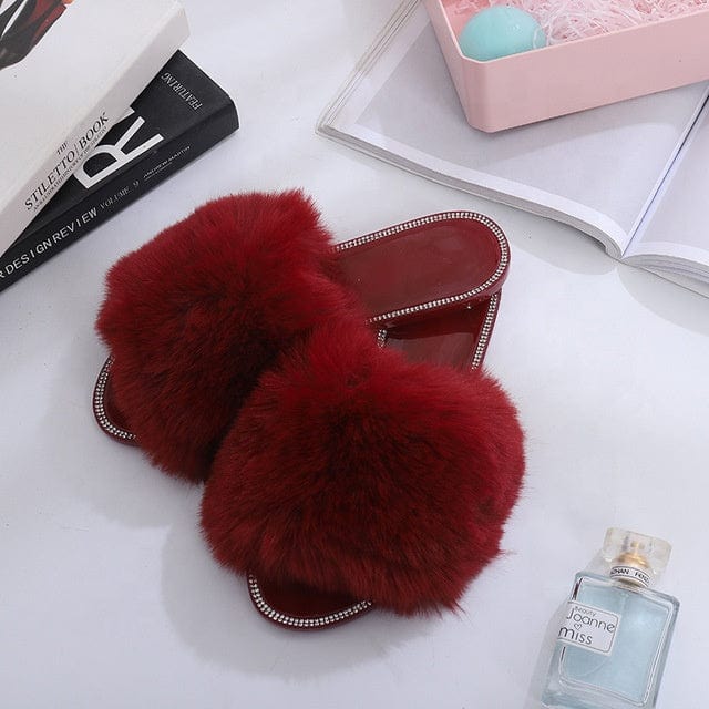 2022 Summer Women Flat Fur Slides for Women Rhinestone Casual Slides Jelly Sandals Ladies Fluffy Slippers