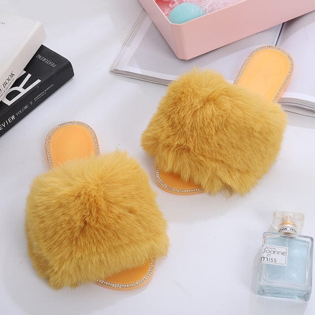 2022 Summer Women Flat Fur Slides for Women Rhinestone Casual Slides Jelly Sandals Ladies Fluffy Slippers