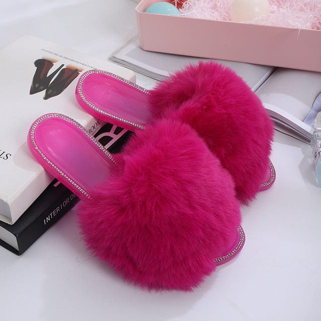 2022 Summer Women Flat Fur Slides for Women Rhinestone Casual Slides Jelly Sandals Ladies Fluffy Slippers