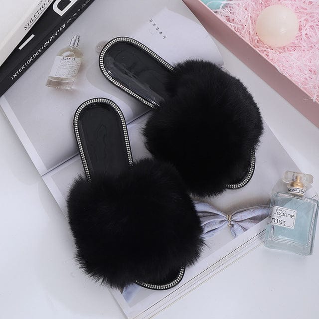 2022 Summer Women Flat Fur Slides for Women Rhinestone Casual Slides Jelly Sandals Ladies Fluffy Slippers