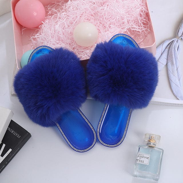 2022 Summer Women Flat Fur Slides for Women Rhinestone Casual Slides Jelly Sandals Ladies Fluffy Slippers