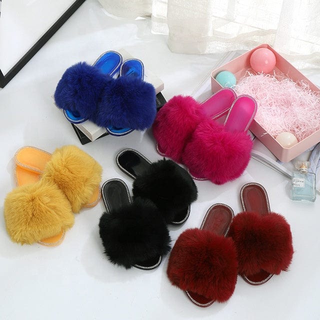 2022 Summer Women Flat Fur Slides for Women Rhinestone Casual Slides Jelly Sandals Ladies Fluffy Slippers