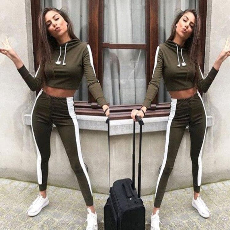 2022  Wholesale Ladies Crop Top Drawstring Hoody Splicing Joggers Fitness Cropped Top Hoodie 2 Piece Set Women