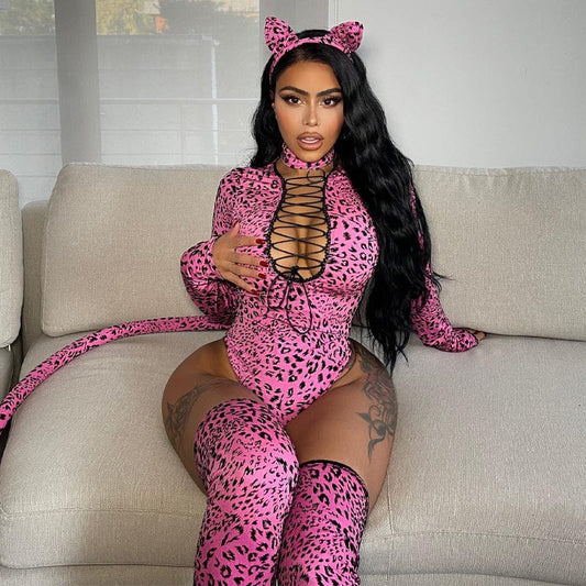 2022 Women Clothes Sexy Leopard Hollow Out V Neck Halterneck Bodycon Women Jumpsuit Set Sexy Clothes Rompers Women Jumpsuit