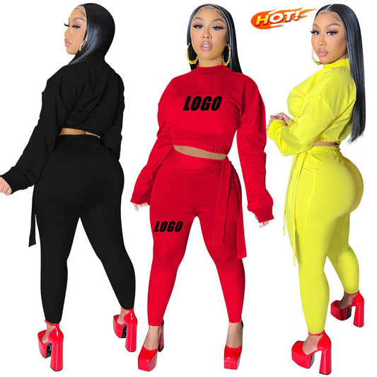 2022 Women clothes Sport Two Piece Jogging Set Fall Women Clothing Solid Crop Top And Bandage Pants Suit