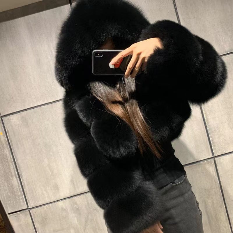 2022Long Sleeves Fashion Outerwear Winter Natural Furry Hooded Jacket Women Realfox Raccoon Fur Short Coat