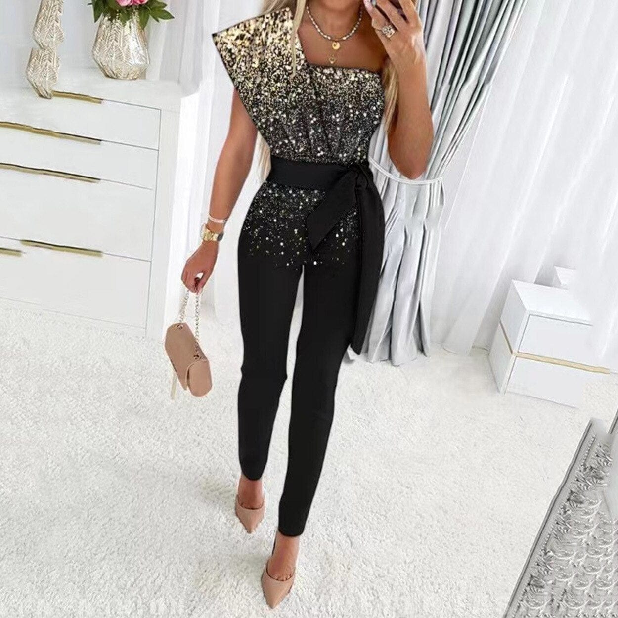 2023 Spring Autumn Sexy Jumpsuit Women Sequins Patchwork Short Sleeve Slim Bodycon Outfits Lady Elegant One Piece Party Overalls