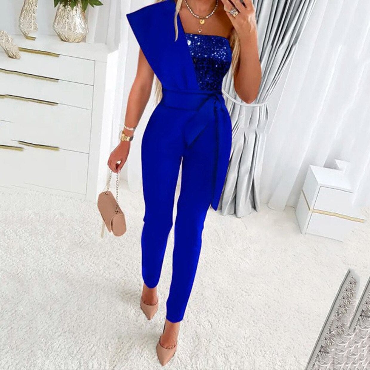 2023 Spring Autumn Sexy Jumpsuit Women Sequins Patchwork Short Sleeve Slim Bodycon Outfits Lady Elegant One Piece Party Overalls