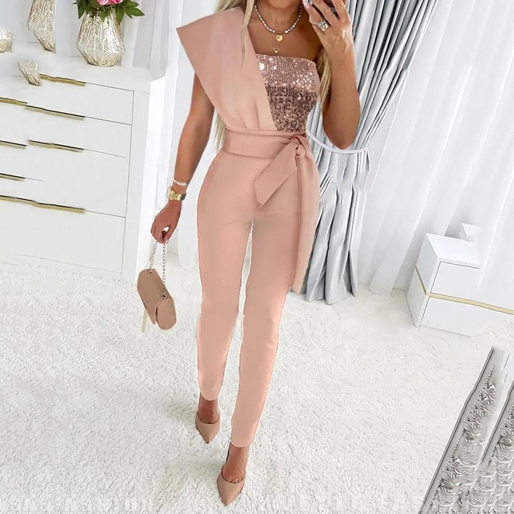 2023 Spring Autumn Sexy Jumpsuit Women Sequins Patchwork Short Sleeve Slim Bodycon Outfits Lady Elegant One Piece Party Overalls