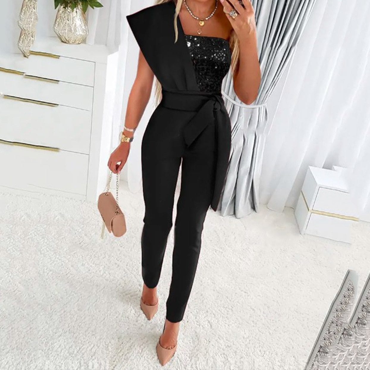 2023 Spring Autumn Sexy Jumpsuit Women Sequins Patchwork Short Sleeve Slim Bodycon Outfits Lady Elegant One Piece Party Overalls