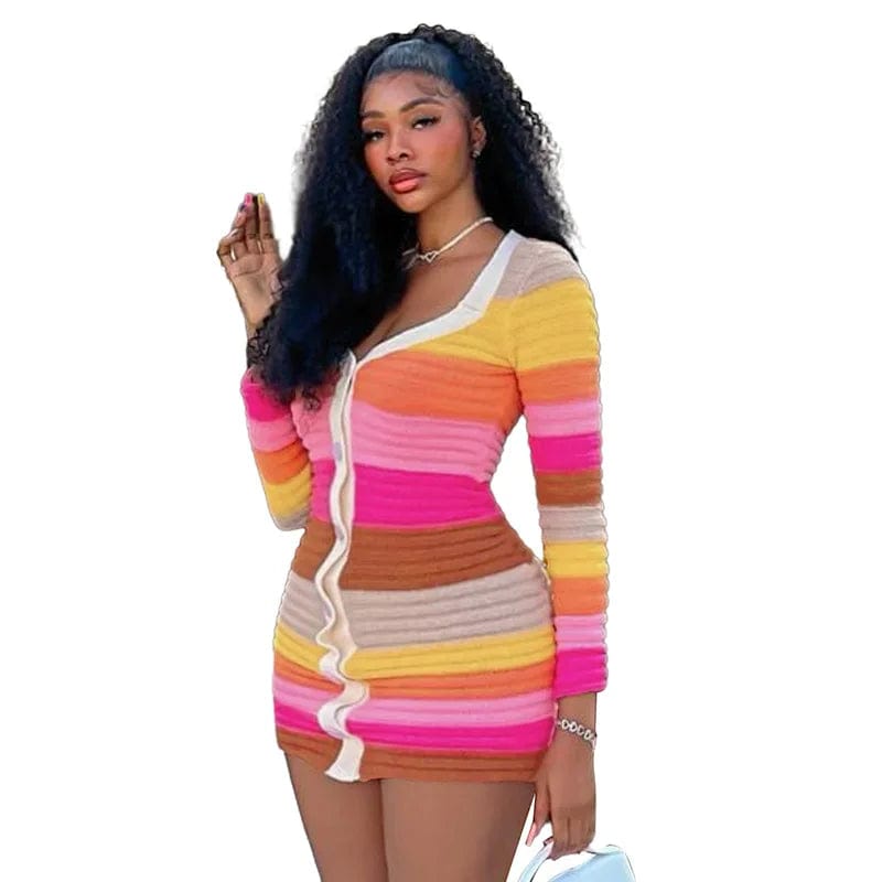 2024 Spring Dress Women Clothing Sexy Club Knitted Striped Party Dress with Button for Ladies Dress