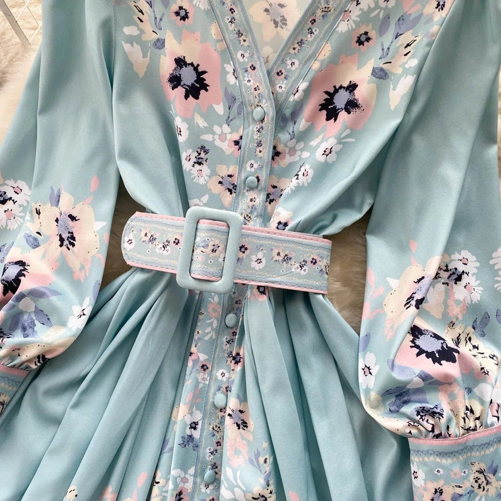 2024 Spring Fashion Runway Single Breasted Dress Shirt Women V-neck Long Sleeve Floral Print Pleated Short Mini Dress