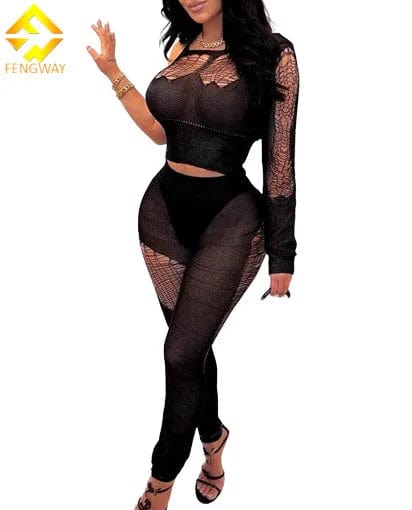 2024 Spring Knitted Black One Shoulder Long Sleeve Cut Out Sexy Crop Top Pants 2 Piece Sets