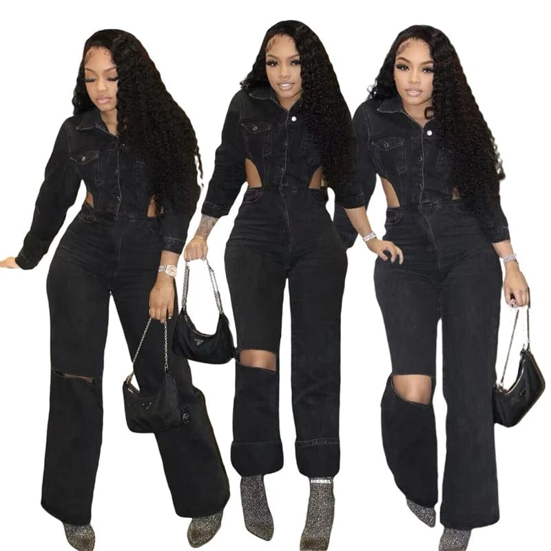 2024 spring new black denim jeans women free shipping kacket top full length pants jumpsuit romper overall for women full length