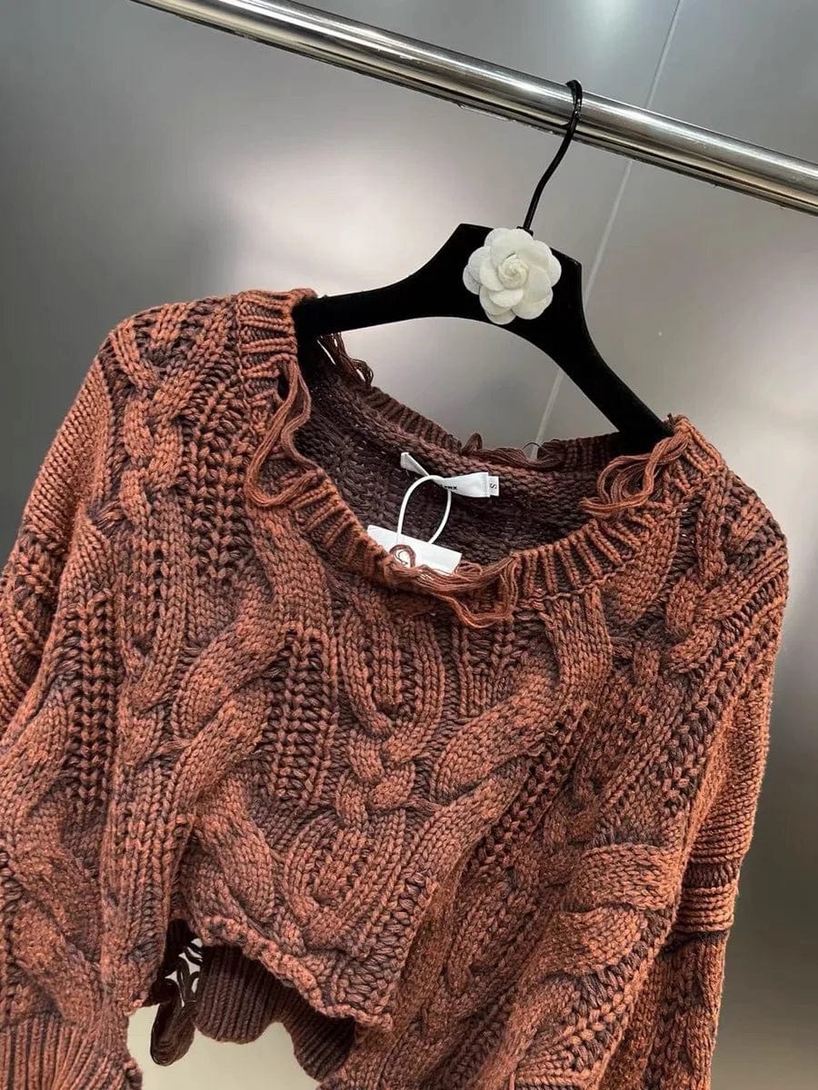 2024 Spring New Item Fashion Hollow Out Knitted Crop Washed Sweater Ladies Pullover Long Sleeve Sweater