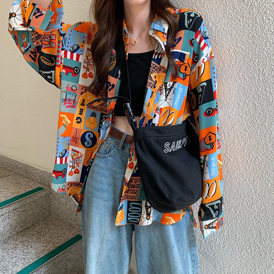 2024 Spring New Retro Girl Print Loose Long Shirt Women'S Coat Crop Top Shirts Loose Fashion Blouses Woman