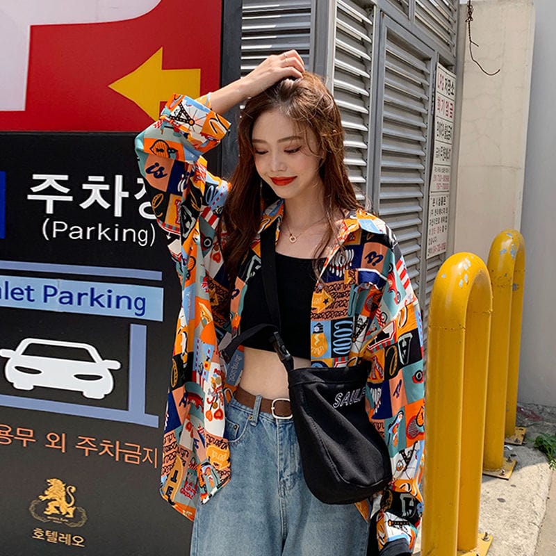 2024 Spring New Retro Girl Print Loose Long Shirt Women'S Coat Crop Top Shirts Loose Fashion Blouses Woman