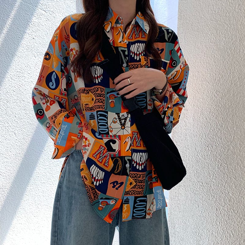 2024 Spring New Retro Girl Print Loose Long Shirt Women'S Coat Crop Top Shirts Loose Fashion Blouses Woman