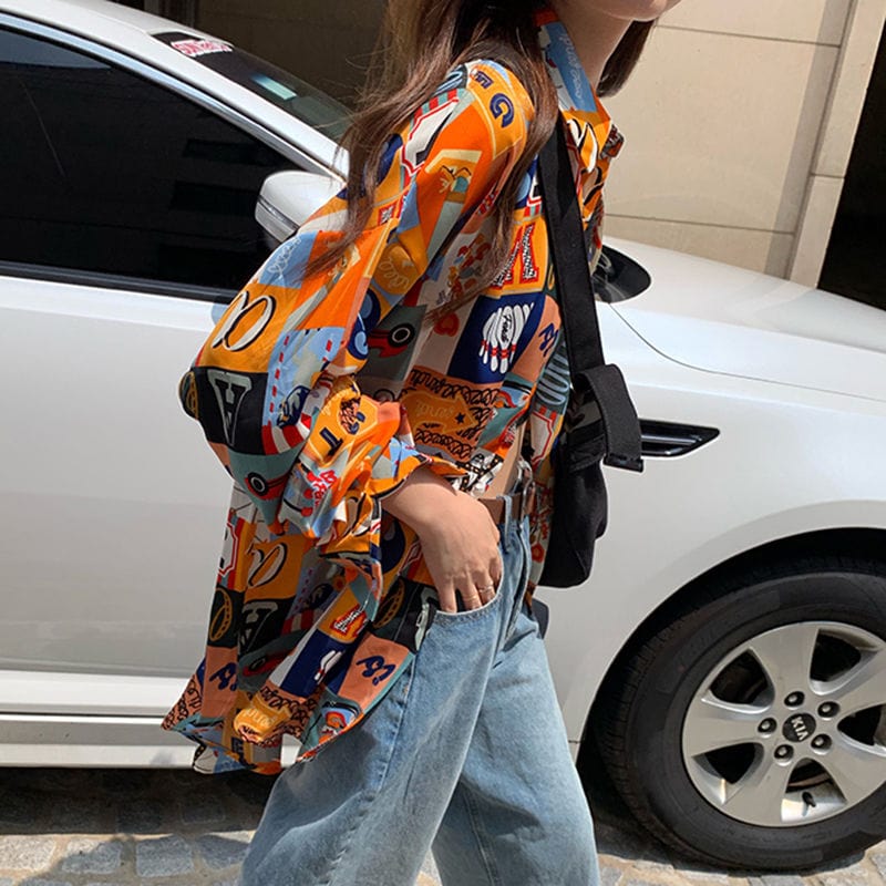 2024 Spring New Retro Girl Print Loose Long Shirt Women'S Coat Crop Top Shirts Loose Fashion Blouses Woman