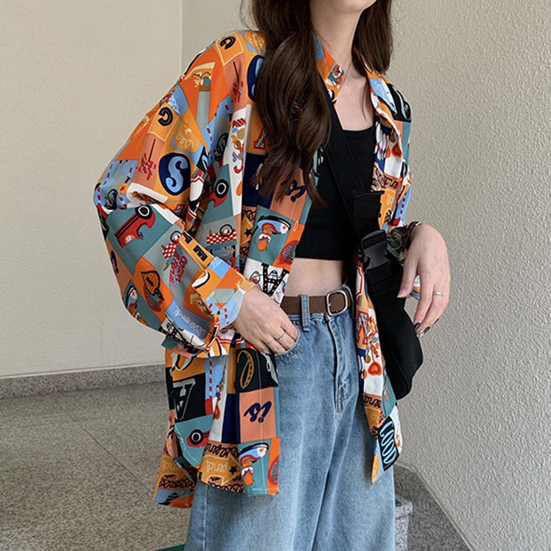 2024 Spring New Retro Girl Print Loose Long Shirt Women'S Coat Crop Top Shirts Loose Fashion Blouses Woman