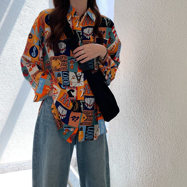 2024 Spring New Retro Girl Print Loose Long Shirt Women'S Coat Crop Top Shirts Loose Fashion Blouses Woman